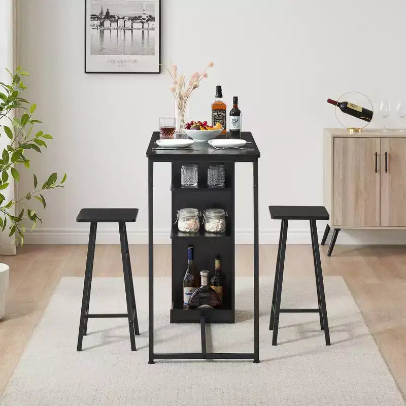 Set da 3 Pezzi Tavolo da Bar e Sedie per 2 Persone, Tavolo da Pranzo Altezza Bancone con 2 Sgabelli e Scaffali, Ideale per Piccoli Spazi, Appartamenti, Cucine