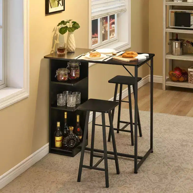 Set da 3 Pezzi Tavolo da Bar e Sedie per 2 Persone, Tavolo da Pranzo Altezza Bancone con 2 Sgabelli e Scaffali, Ideale per Piccoli Spazi, Appartamenti, Cucine