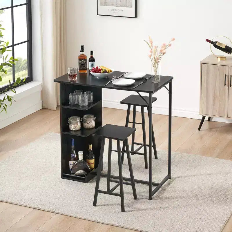 Set da 3 Pezzi Tavolo da Bar e Sedie per 2 Persone, Tavolo da Pranzo Altezza Bancone con 2 Sgabelli e Scaffali, Ideale per Piccoli Spazi, Appartamenti, Cucine