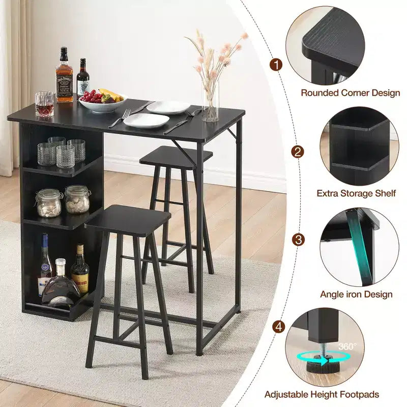 Set da 3 Pezzi Tavolo da Bar e Sedie per 2 Persone, Tavolo da Pranzo Altezza Bancone con 2 Sgabelli e Scaffali, Ideale per Piccoli Spazi, Appartamenti, Cucine