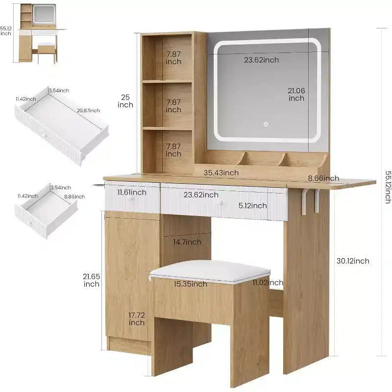 Toeletta con specchio e luce, dotata di cassetti e sgabello imbottito, fornita di prese di corrente, adatta per camere da letto e soggiorni.