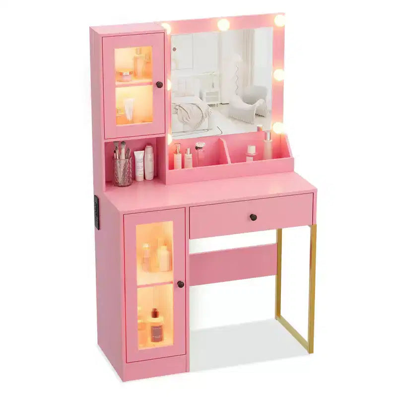 Toeletta con Specchio, Luci a 3 Modalità di Illuminazione, Prese e Porte USB Integrate, Ampi Cassetti e Mobiletto, Tavolo da Trucco per Camera da Letto