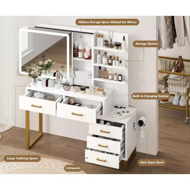 Toeletta con Specchio e Luce, Tavolo da Trucco con Specchio Scorrevole Illuminato, 3 Modalità di Illuminazione, 5 Grandi Cassetti, Adatta per Camere da Letto