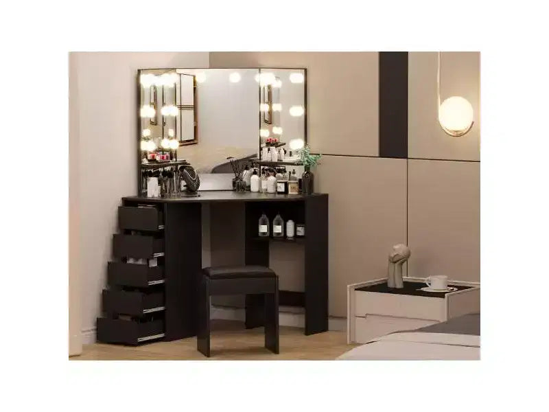 Toeletta angolare con specchio e illuminazione, dotata di 3 colori di luce regolabili, 5 cassetti e ripiani portaoggetti, completa di tavolo da trucco illuminato a LED.