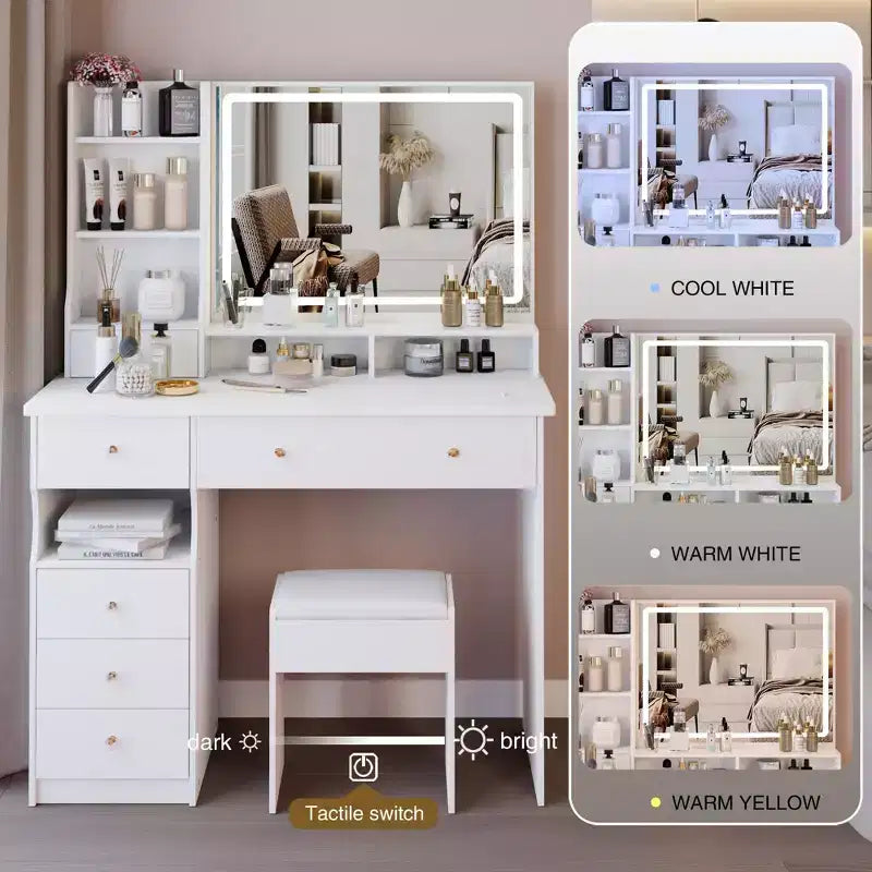 Okak 41IN Tavolo da Trucco con Specchio Extra Large Touch Control, Scrivania da Toilette con Grande Capacità di Archiviazione, Tavolino da Trucco per Camera da Letto, Studio