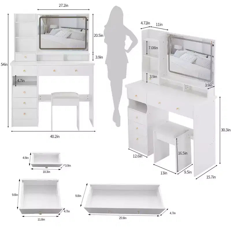 Okak 41IN Tavolo da Trucco con Specchio Extra Large Touch Control, Scrivania da Toilette con Grande Capacità di Archiviazione, Tavolino da Trucco per Camera da Letto, Studio