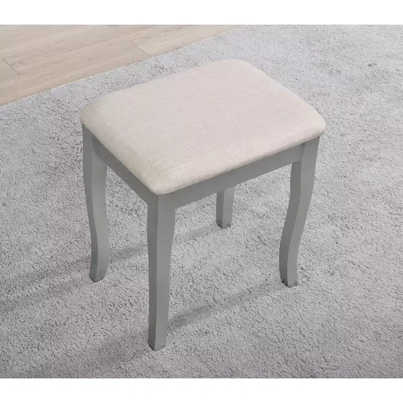 Toeletta Vintage in Legno Okak con Sgabello e Specchio a 3 Pezzi, Toeletta Trucco con 4 Cassetti e Mensola, Toeletta Compatta per Camera da Letto, Soggiorno