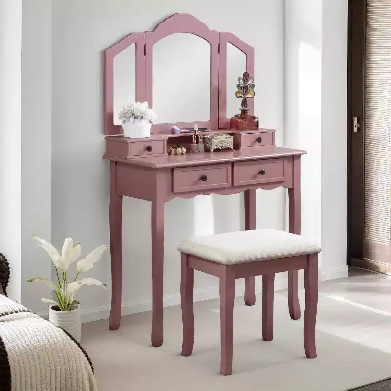 Okak Wooden Vintage Vanity with Stool and 3 Pieces Mirror, Makeup Vanity with 4 Drawers and Shelf, Compact Vanity for Bedroom, Living Room