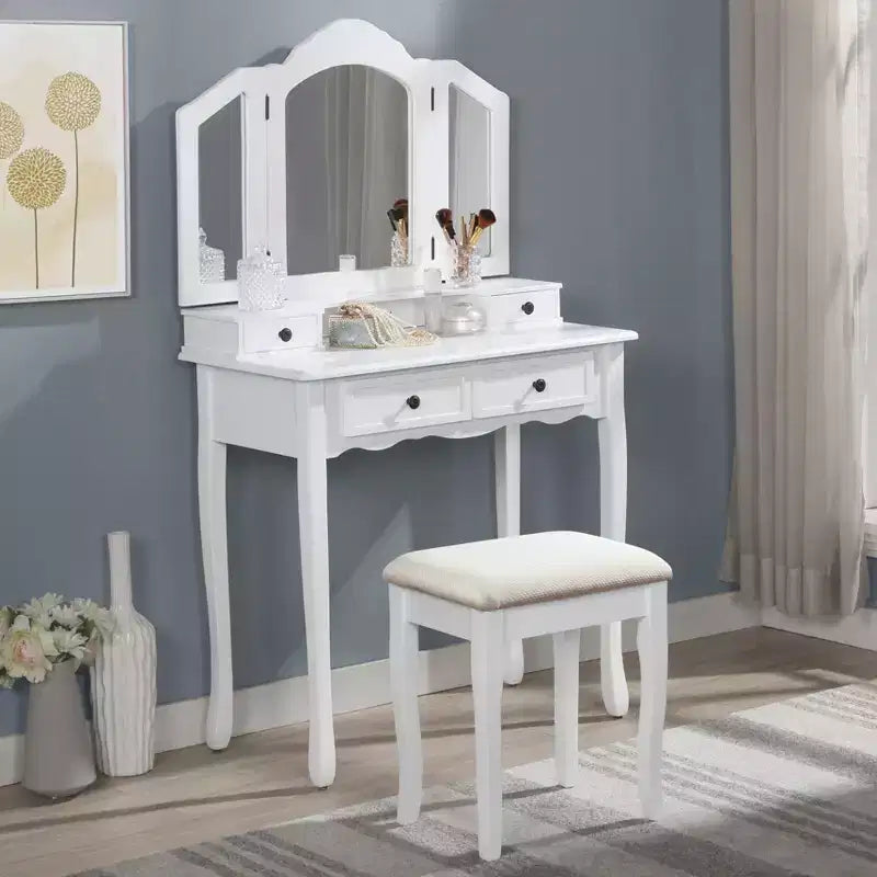Toeletta Vintage in Legno Okak con Sgabello e Specchio a 3 Pezzi, Toeletta Trucco con 4 Cassetti e Mensola, Toeletta Compatta per Camera da Letto, Soggiorno