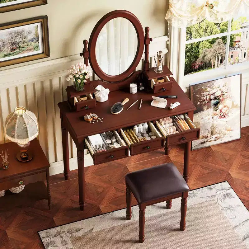 Okak Toeletta Vintage in Legno con Specchio ad Angolo Regolabile, Tavolo da Trucco con 5 Cassetti e Sgabello Imbottito, Scrivania da Toeletta per Camera da Leto