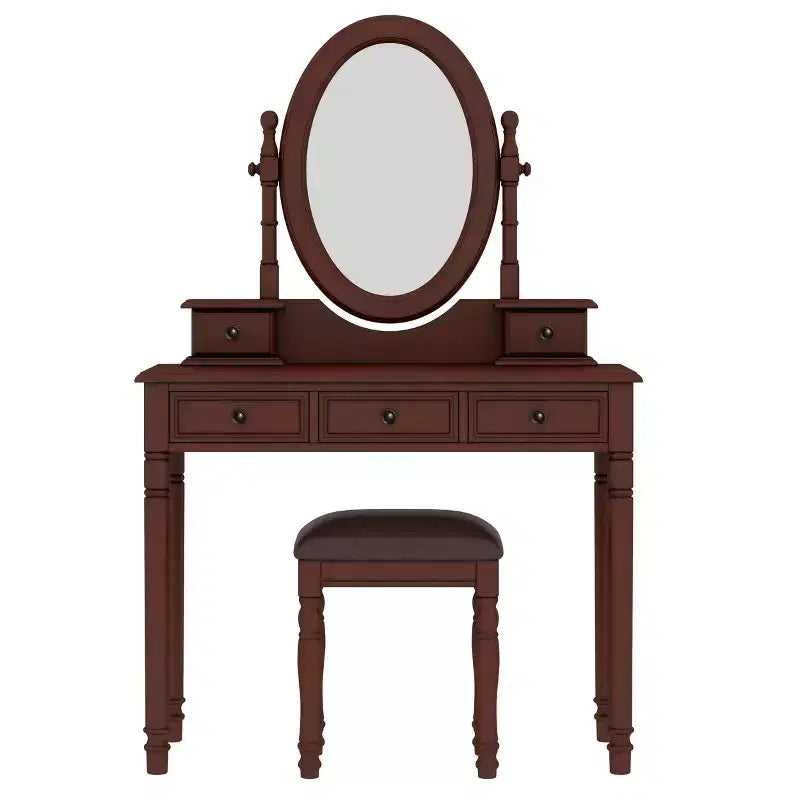 Okak Toeletta Vintage in Legno con Specchio ad Angolo Regolabile, Tavolo da Trucco con 5 Cassetti e Sgabello Imbottito, Scrivania da Toeletta per Camera da Leto