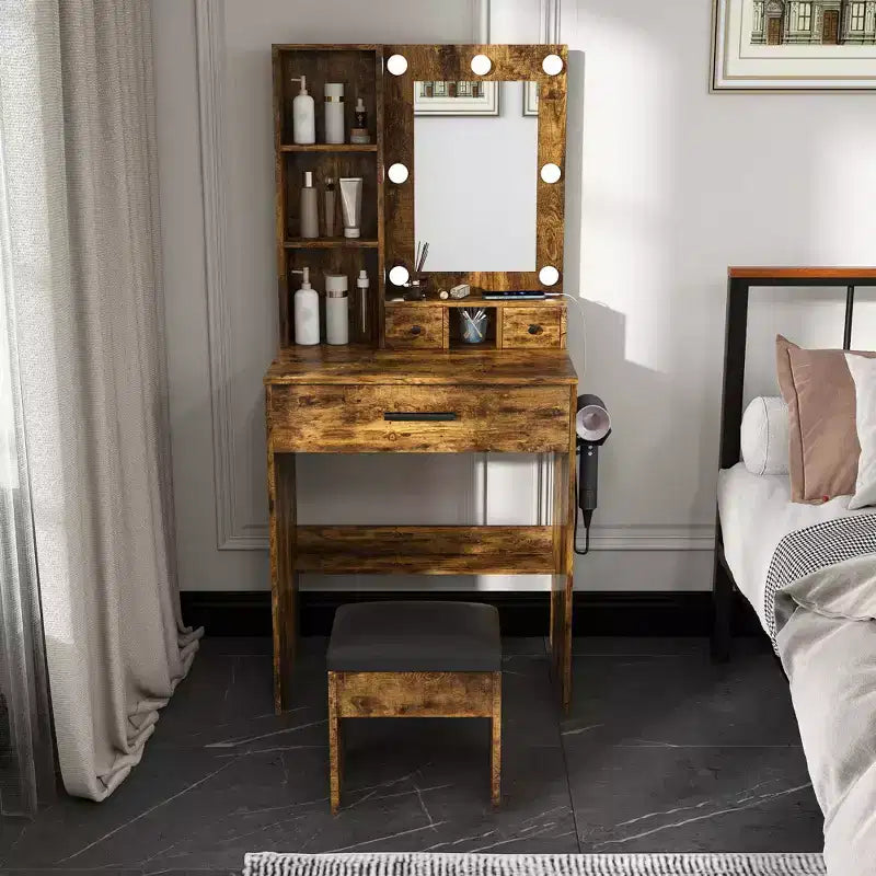 Okak Toeletta con Presa di Corrente e Porta-Asciugacapelli, Mobile Trucco con Specchio e Sgabello Imbottito, Tavolo da Trucco per Piccole Camere da Letto