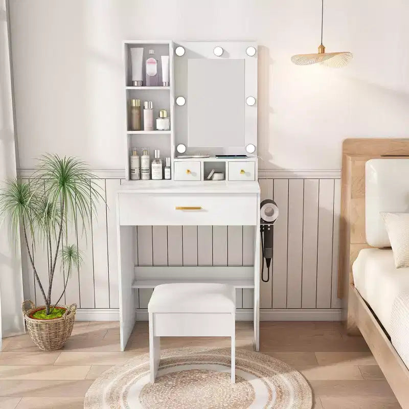 Okak Vanity Desk with Power Outlet and Hairdryer Holder, Makeup Vanity with Mirror and Cushion Stool, Dressing Table for Small Bedrooms