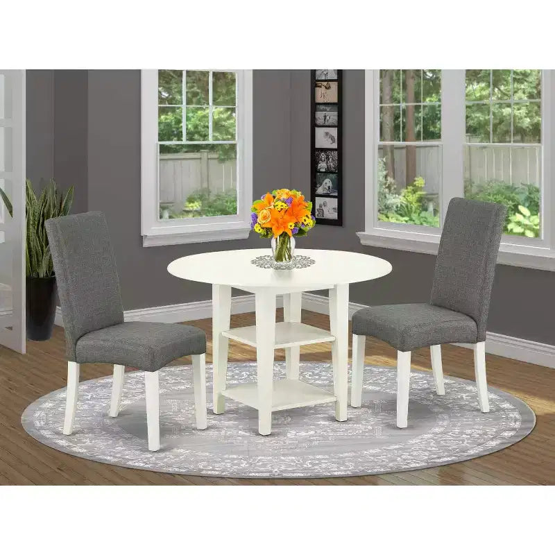 Set da pranzo Urban Oasis 3 pezzi - tavolo 20x42 e 2 sedie Parsons - gambe bianche lino - tessuto grigio