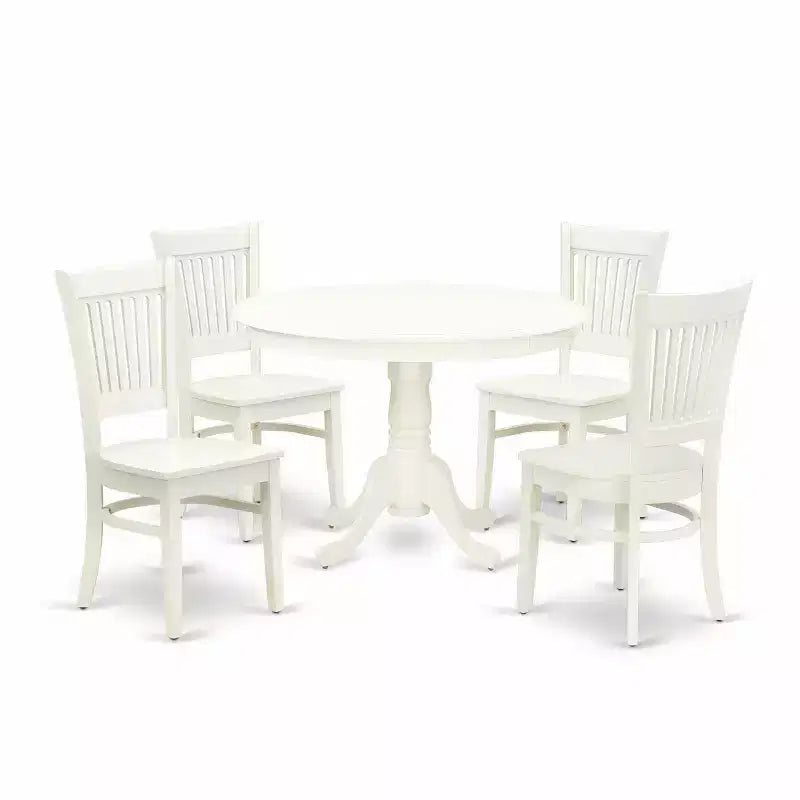HomeStock 5-Piece Linen White Finish Solid Wood Top Dining table with 4 Chairs with Slat Back