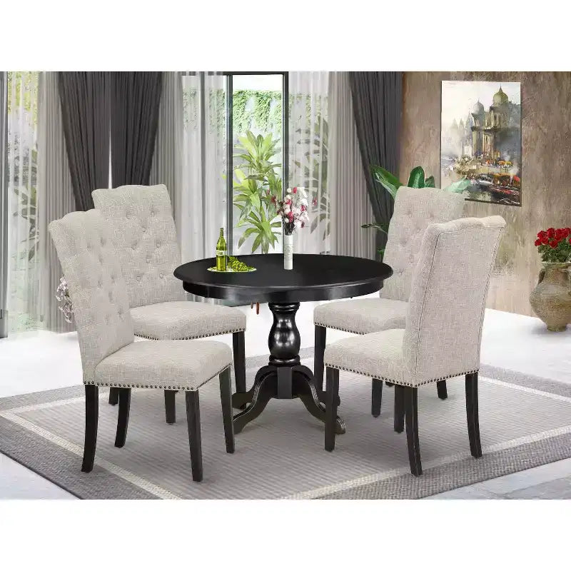 Set da pranzo 5 pezzi con tavolo con piano in legno massello con finitura nera spazzolata e 4 sedie con