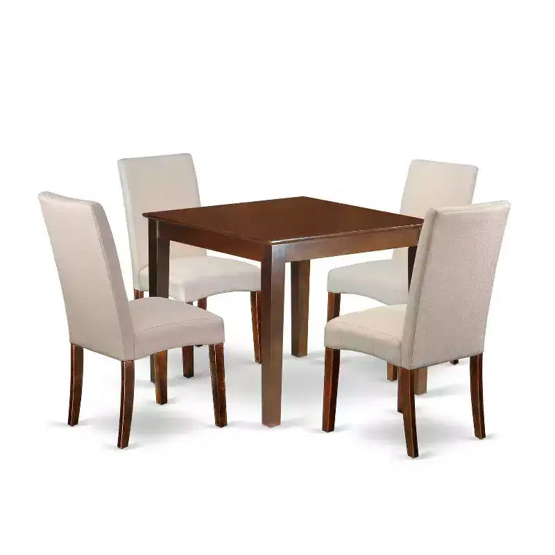 Rustic Dining Set 5Pc Square Table & Chairs - Cream Linen Fabric, Mahogany Legs - Home Kitchen Furniture