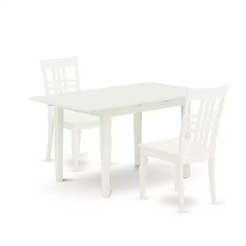 HomeStock 3-Pc Linen White Finish Rectangular Solid Wood Top With Butterfly Leaf Dining Table Set