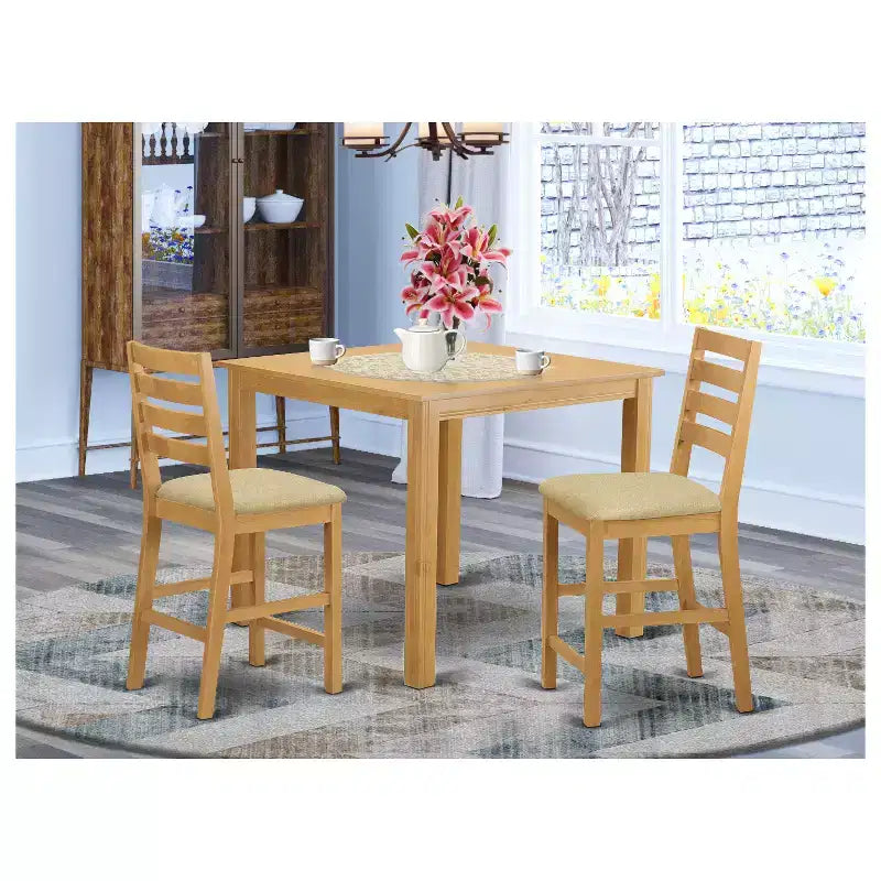 Set da tavolo da pranzo HomeStock a 3 pezzi in legno massello con finitura rovere marrone naturale, altezza bancone