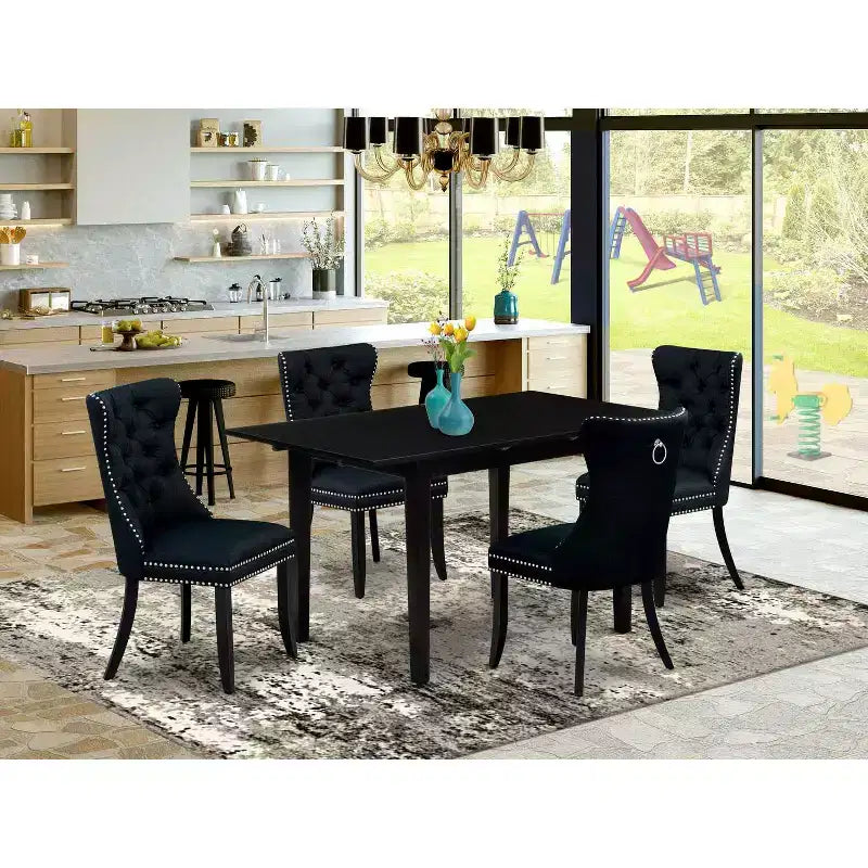 Set da pranzo rettangolare 5 pezzi con piano in legno massello finitura nera - 4 posti a sedere