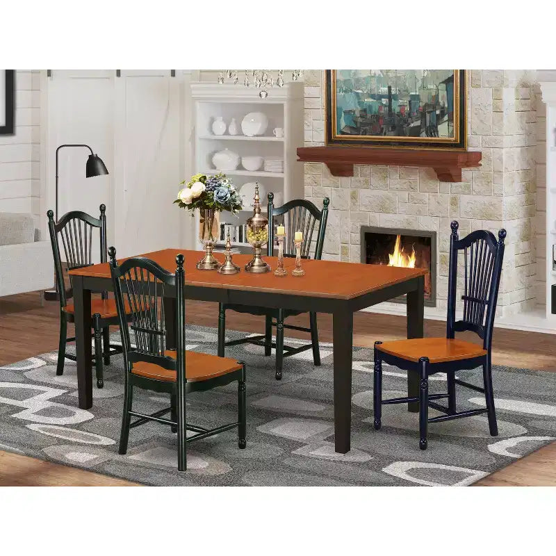HomeStock, tavolo da pranzo a 5 pezzi in legno massello con finitura nera e ciliegio con 4 sedie
