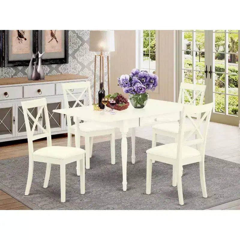HomeStock Set da pranzo in 5 pezzi, finitura bianco lino, piano in legno massello - Con alette a ribalta - 4 posti