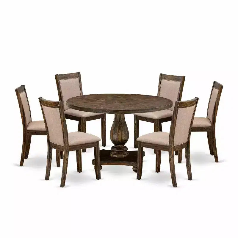 HomeStock 7-Piece Distressed Jacobean Finish Solid Wood Top Dining Table with 6-Parson Chairs