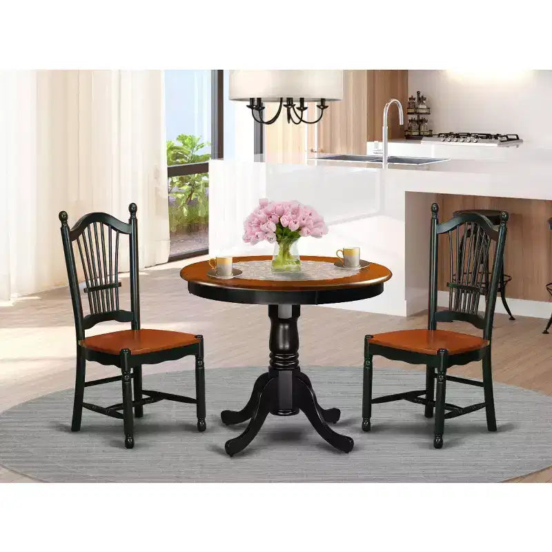 Set da tavolo da cucina 3 pezzi rotondo con sedie in legno finitura nero ciliegia