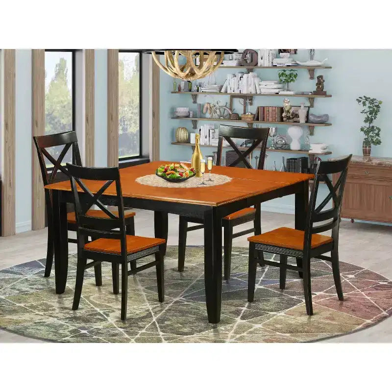 Set da pranzo da 9 pezzi, tavolo quadrato in legno con prolunga a farfalla e 8 sedie, finitura nera e ciliegio, 137 cm