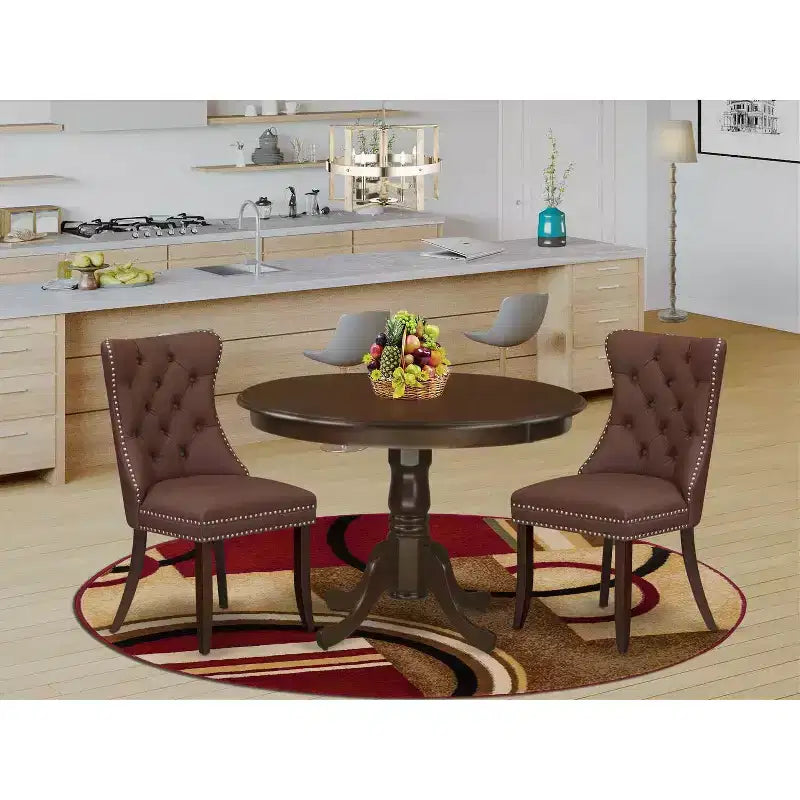 Set da pranzo 3 pezzi con piano rotondo in legno massello con finitura mogano, imbottito - 4 posti