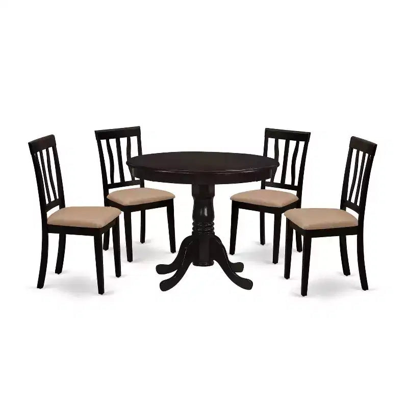 5-Piece Round Cappuccino Finish Solid Wood Top Dining table with 4 Chairs with