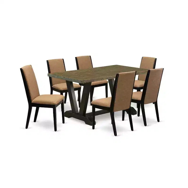 HomeStock 7-Piece Distressed Jacobean Finish Solid Wood Top Dining Table with 6-Chairs