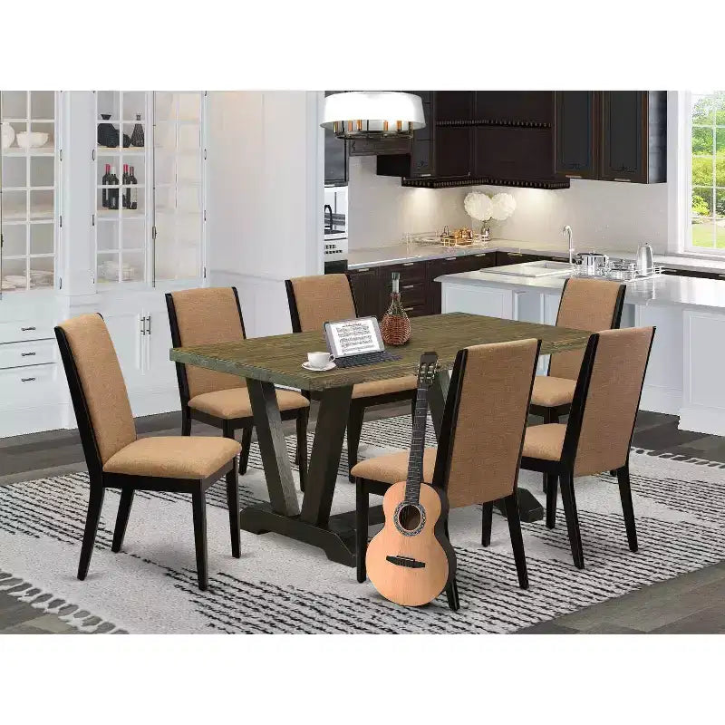 Tavolo da pranzo in legno massiccio HomeStock 7 pezzi con finitura Jacobean anticata e 6 sedie