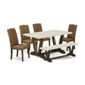 HomeStock 6-Pc Rectangle Distressed Jacobean Finish Solid Wood Top Dining Table with 1-Bench, 4-Chairs