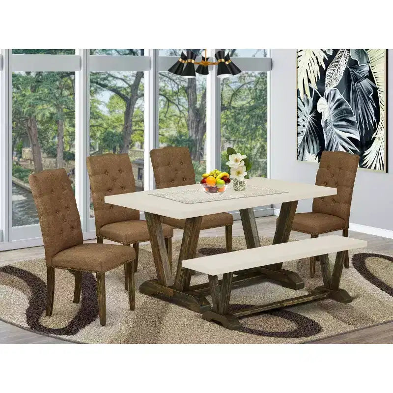 HomeStock Tavolo da Pranzo Rettangolare 6 pz con Finitura Jacobeana Anticata, Piano in Legno Massello, 1 Panca, 4 Sedie