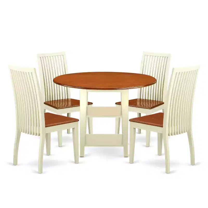 HomeStock 5-Pc Buttermilk and Cherry Solid Wood Top - Round Dining Room Set - Seats-4