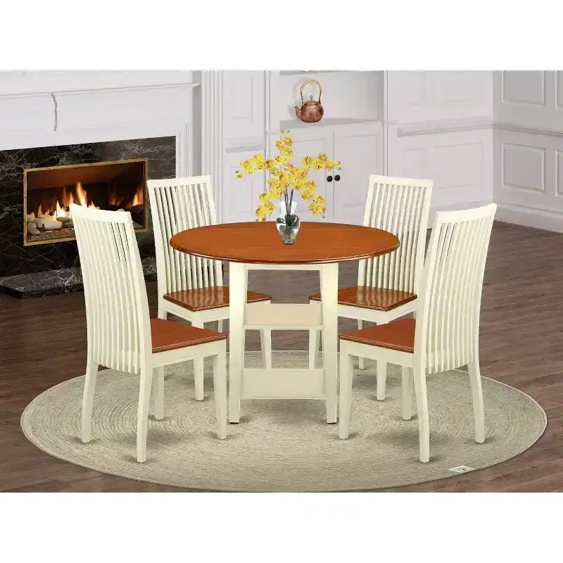 HomeStock Set da pranzo rotondo da 5 pezzi in legno massello colore Buttermilk e Cherry - 4 posti a sedere