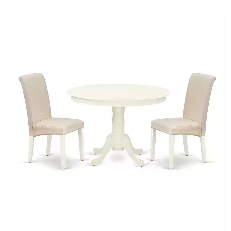 3Pc Dinette Set - Round Kitchen Table & 2 Parsons Chairs - Linen White Finish