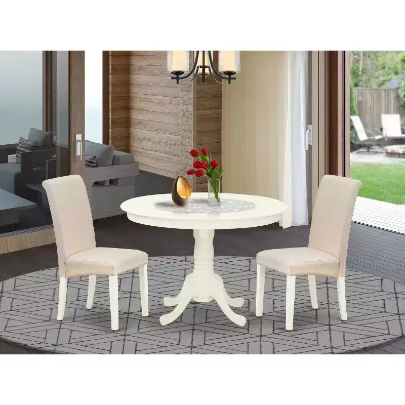 Set da pranzo 3 pezzi - Tavolo da cucina rotondo e 2 sedie Parsons - Finitura bianco lino