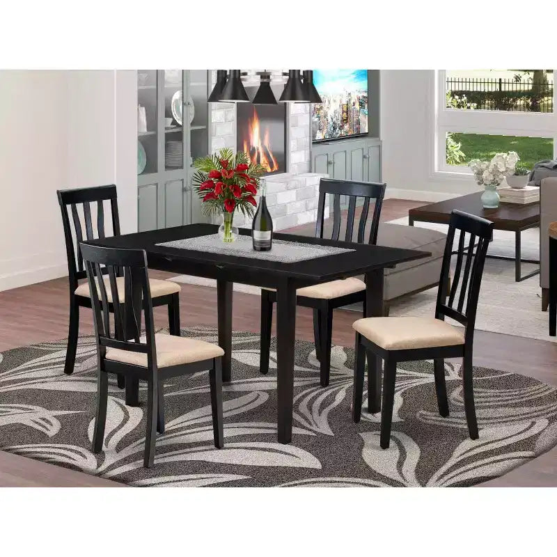 HomeStock Set da Pranzo Rettangolare da 5 Pezzi con Finitura Nera e Piano in Legno Massiccio con Allunga a Farfalla - 4 Posti a Sedere
