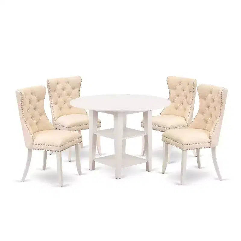 5-Piece Linen White Finish Solid Wood Top - Round Dining Room Set - Seats 4