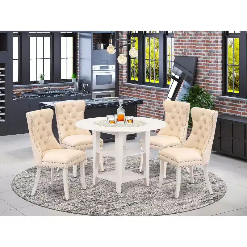 Set da pranzo rotondo a 5 pezzi in legno massello con finitura bianca lino - 4 posti a sedere