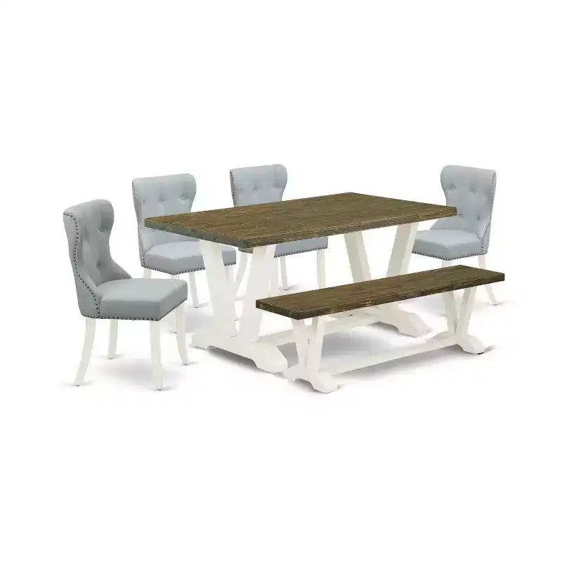 HomeStock 6-Piece Natural Oak Finish Solid Wood Top dining Table with 1-Bench and 4-Chairs