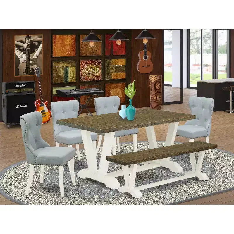 Tavolo da pranzo HomeStock in rovere naturale con 1 panca e 4 sedie, 6 pezzi