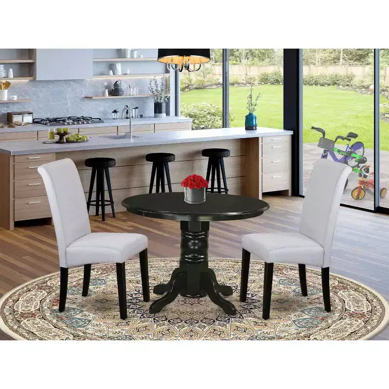 Set da pranzo piccolo rotondo per cucina - Tavolo e sedie 3 pezzi - Tessuto grigio-blu lino - Design barocco moderno