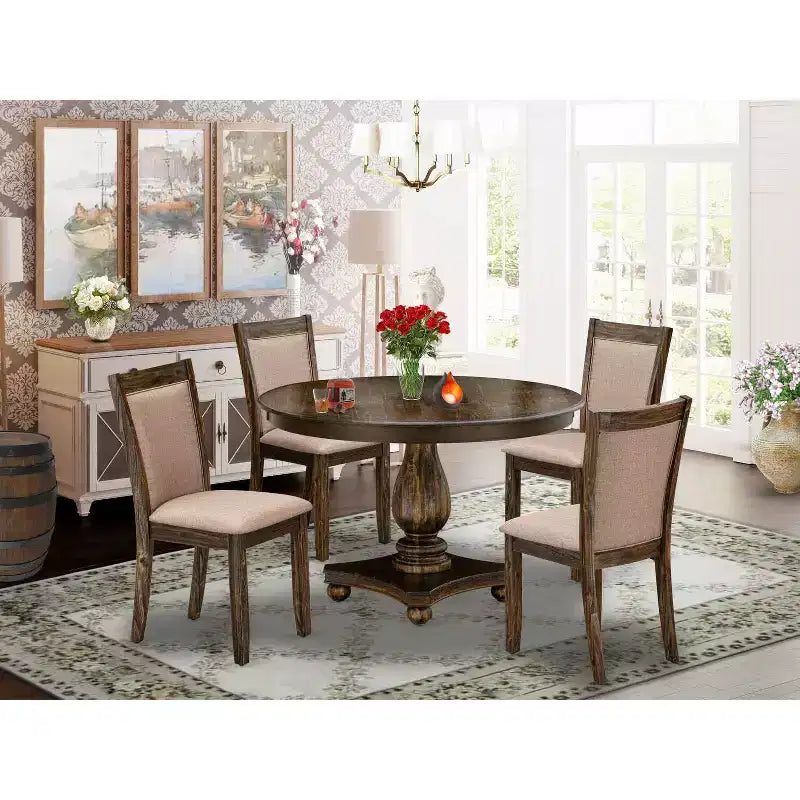 Tavolo da pranzo HomeStock 5 pezzi con piano in legno massello con finitura anticata Jacobean e 4 sedie imbottite