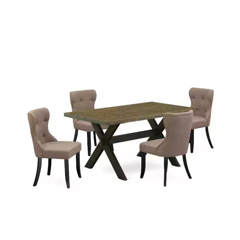 HomeStock 5-Piece Rectangle Distressed Jacobean Finish Solid Wood Top Dining Table with 4 Parson Chair