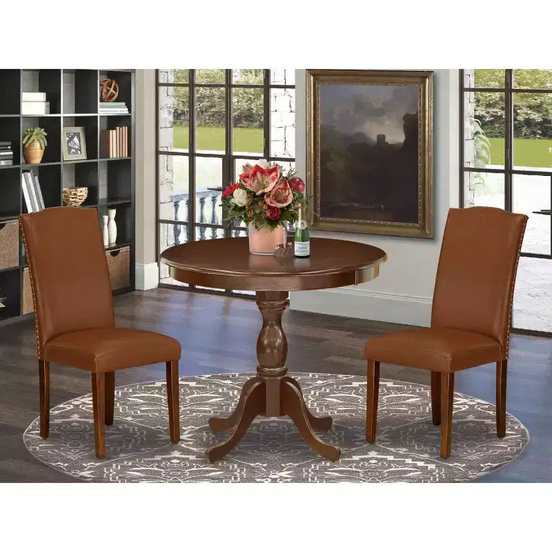 Set Sala da Pranzo 3 Pezzi in Legno Massello con Finitura Mogano e Top Imbottito con Schienale Alto (4 Posti)