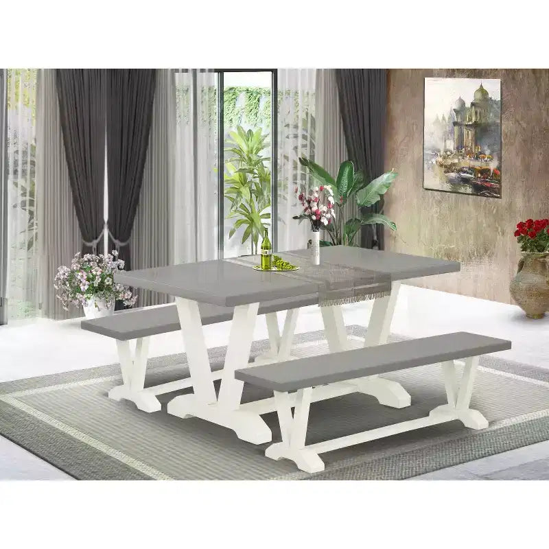 HomeStock Tavolo da Pranzo Rettangolare a 3 Pezzi in Legno Massello con Finitura Rovere Naturale e 2 Panche