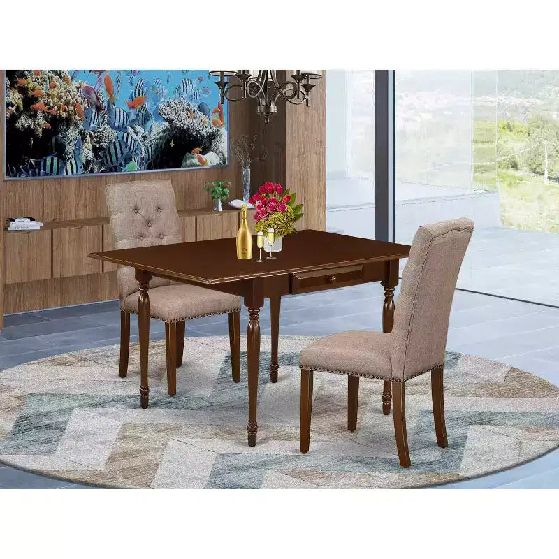 Set tavolo da pranzo HomeStock 3 pezzi con piano rettangolare in legno massello finitura mogano e alette abbattibili